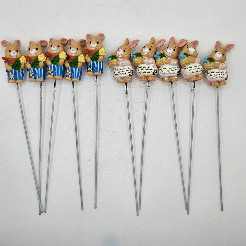 Vintage Easter Bunny Mini Garden Stakes Lot of 10 Rabbit Floral Decor Craft